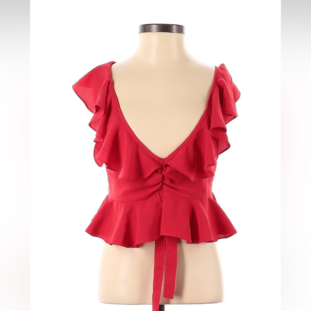 Topshop Red Ruffled Sleeveless Peplum Plunge Neckline Cropped Blouse Sz US 4